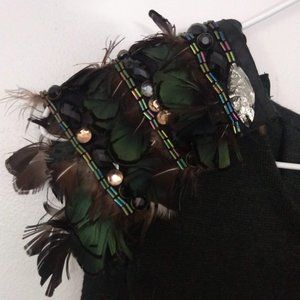 Adrienne Vittadini Scoop Neck Knit Dress with Feather Beaded Shoulder Accents